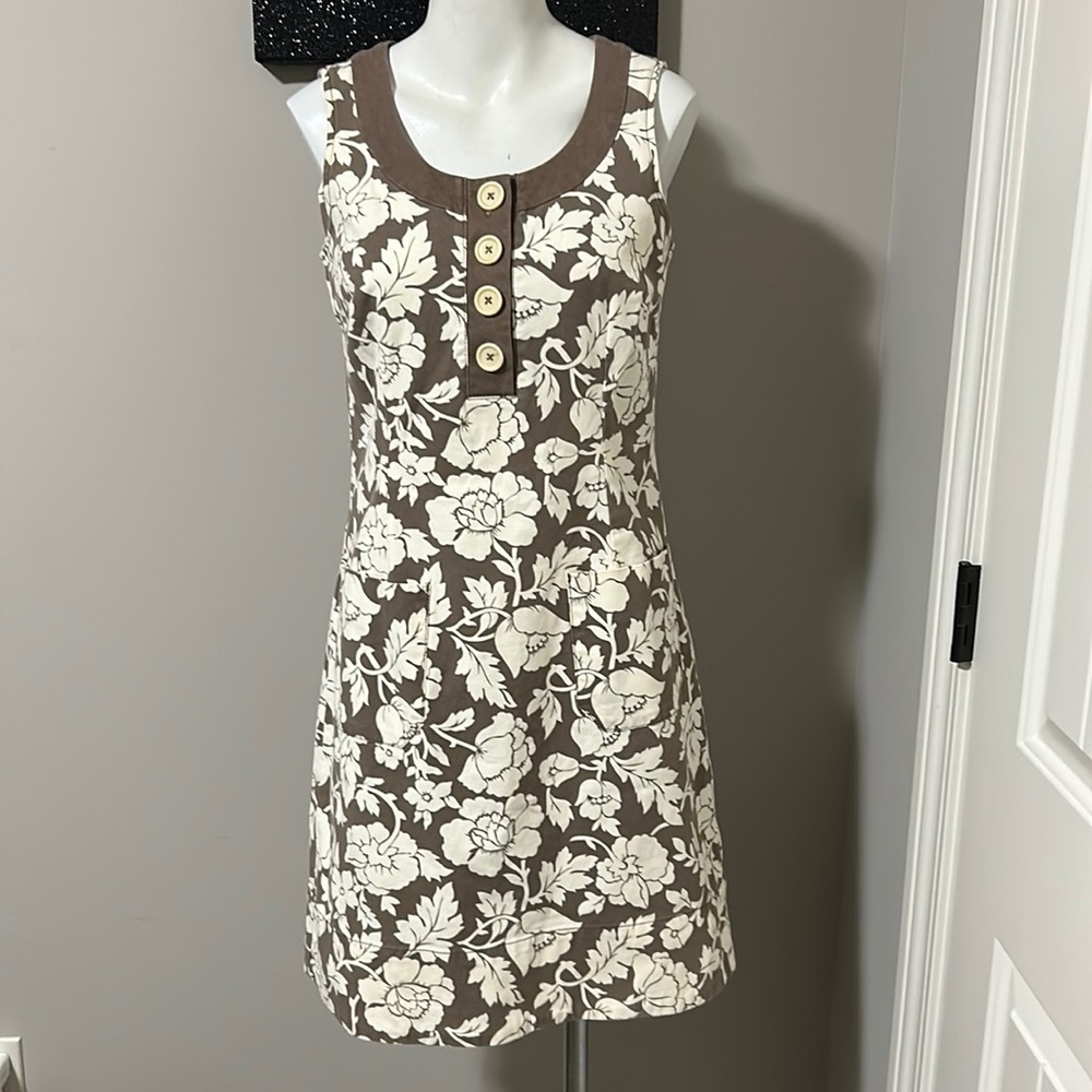 Boden Floral Scoop Neck with Buttons Dress Tan Mocha & Creamy White US Size 10R
